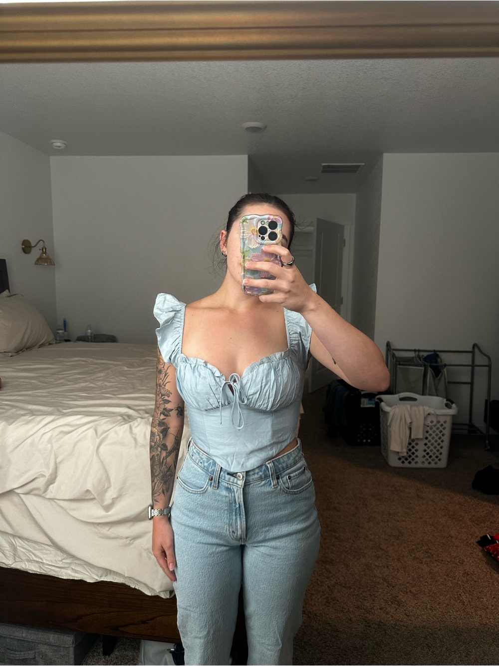 Altar'd State Light Blue Corset Tie-Front Ruffle Sleeve Top